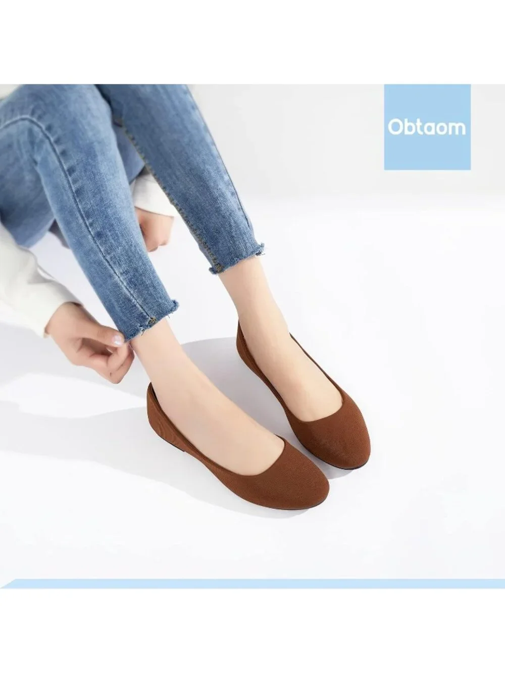 Women's Brown Textile Round Toe Flat Shoes Slip on Dress Comfortable